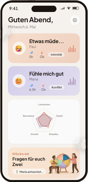 TrueNara Homescreen mit Mood, Portrait und Glücksrad